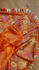 Rust Orange Tussar Silk Embroidery Work Saree