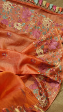Rust Orange Tussar Silk Embroidery Work Saree