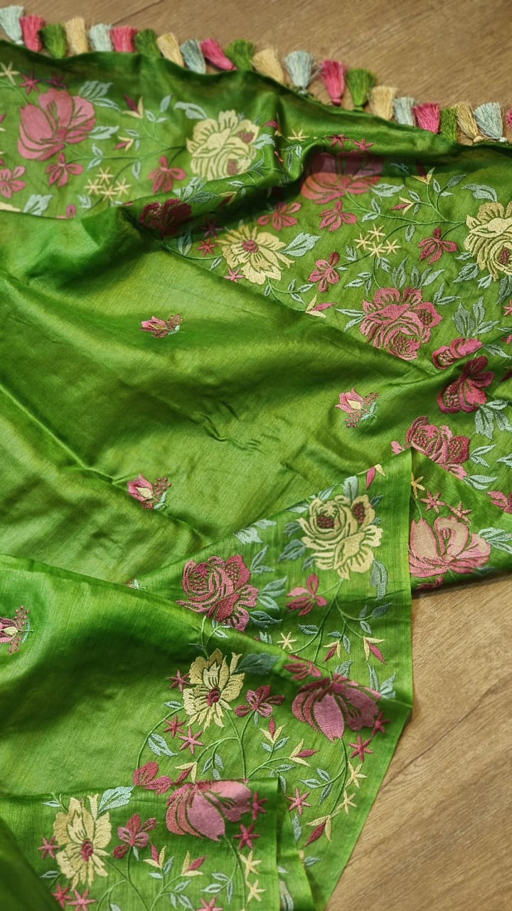 Green Tussar Silk Embroidery Work Saree