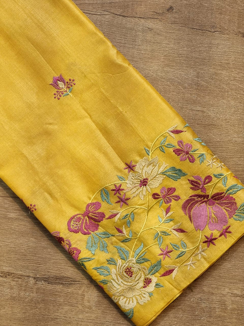 Yellow Tussar Silk Embroidery Work Saree