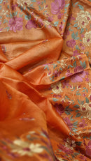 Rust Orange Tussar Silk Embroidery Work Saree