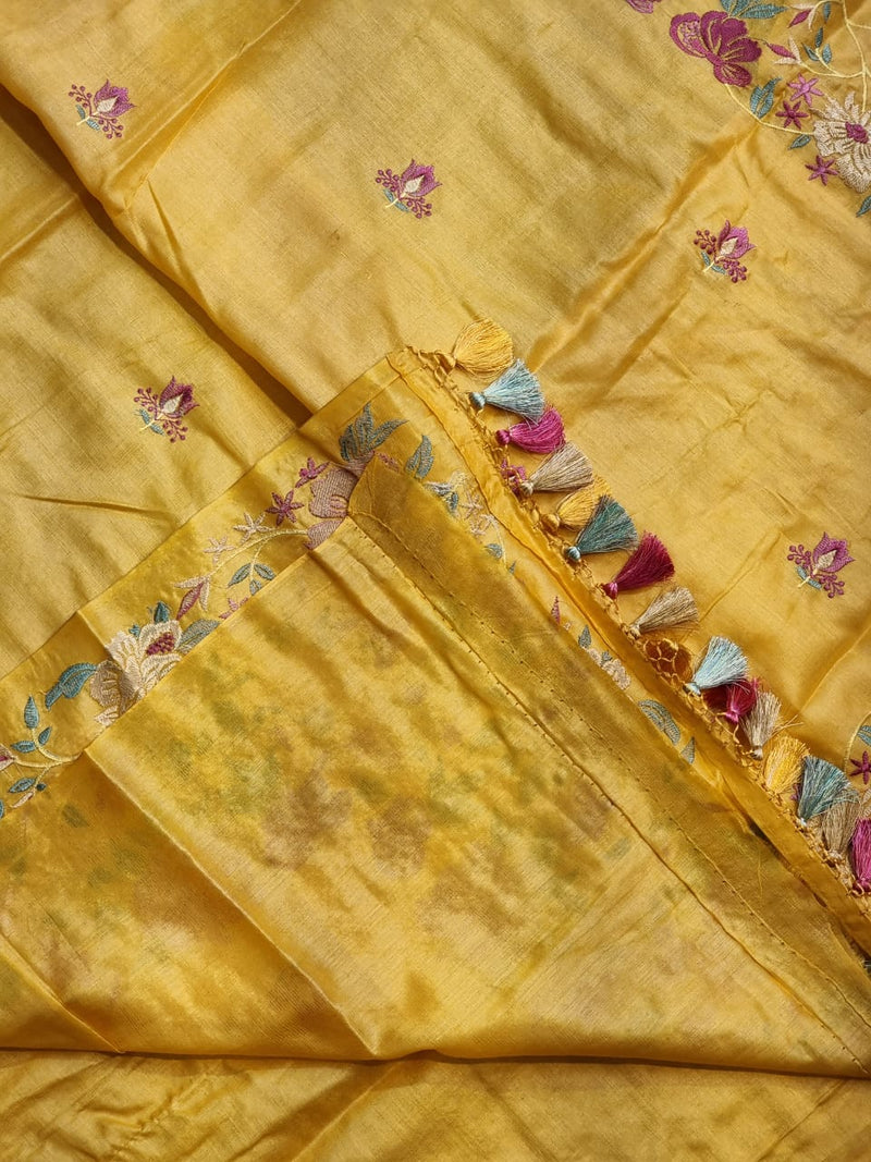 Yellow Tussar Silk Embroidery Work Saree