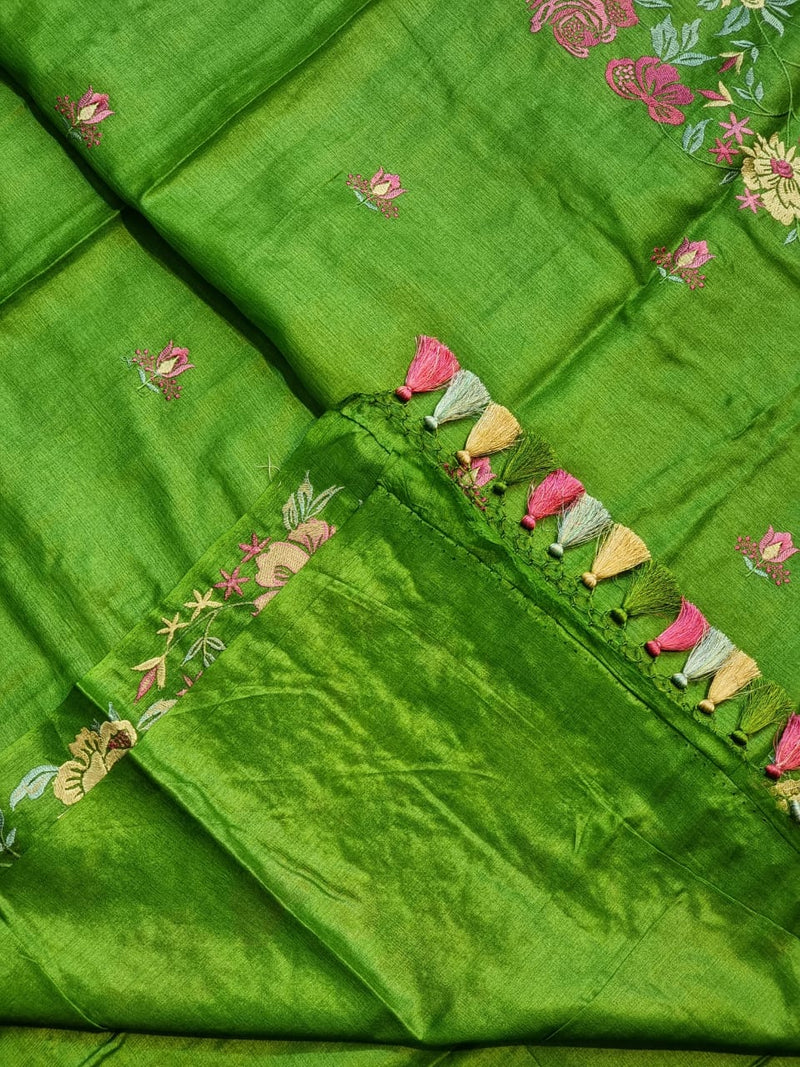 Green Tussar Silk Embroidery Work Saree