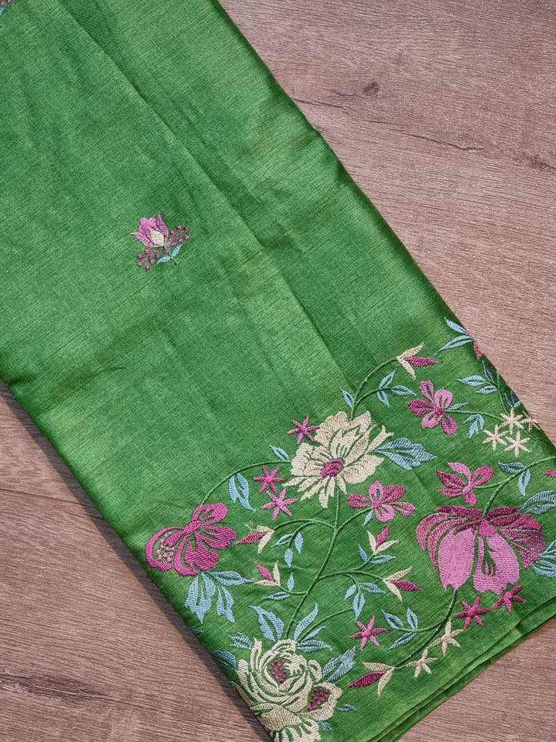 Green Tussar Silk Embroidery Work Saree