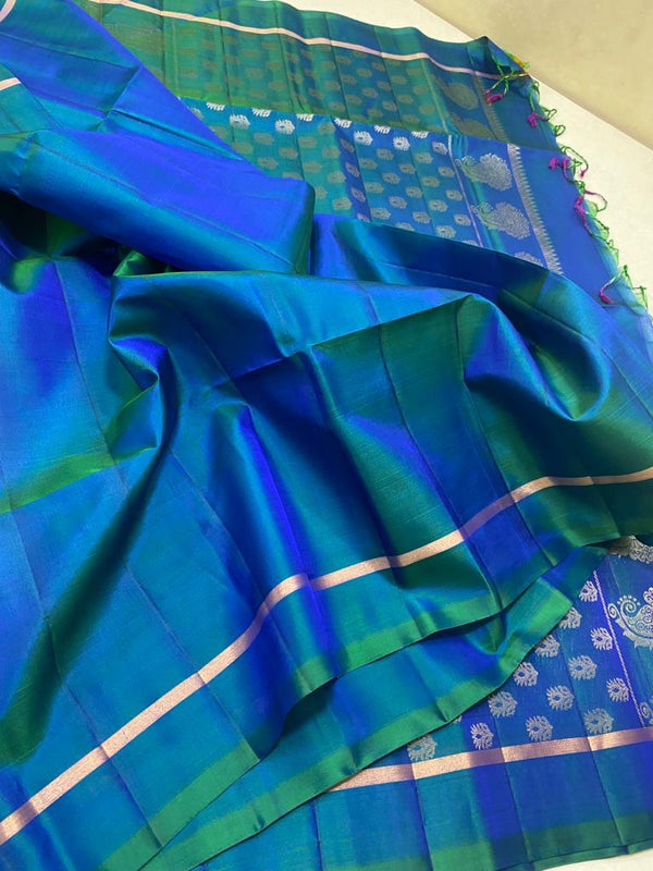 Peacock Dual Shade Blue Plain Soft Silk Saree with Designer Pallu and Designer Blouse