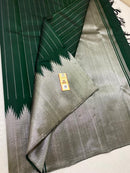 Bottle Green Kanchipuram Silk Saree with Silver Zari Temple Border