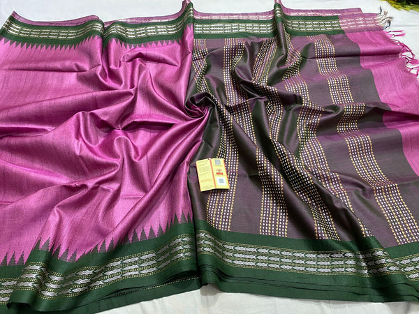 Pink Vidharbha Temple Border Pure Desi Tussar Silk Saree