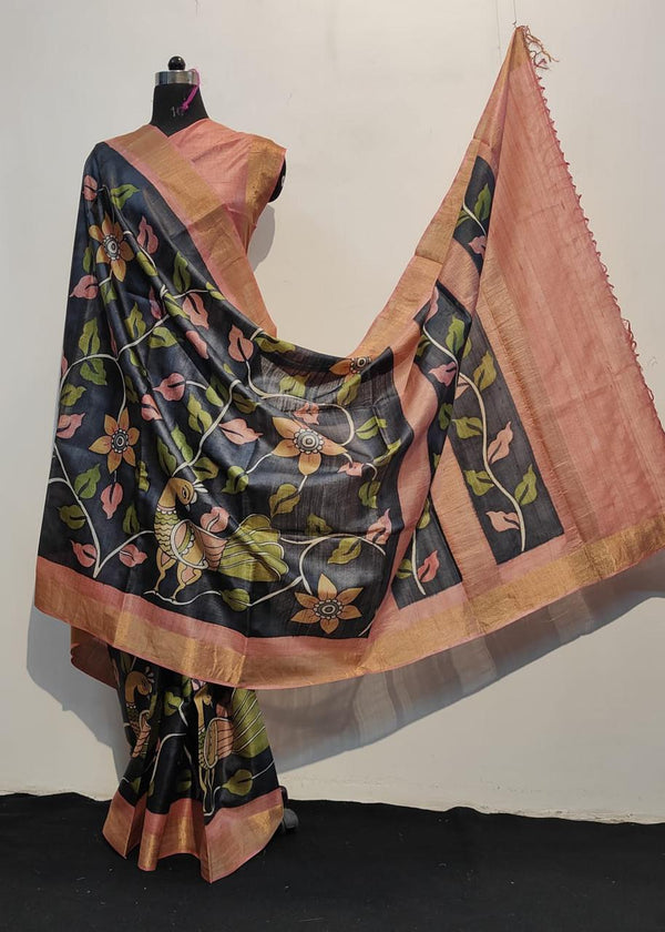 Kalamkari Printed Pure Tussar Silk Sarees
