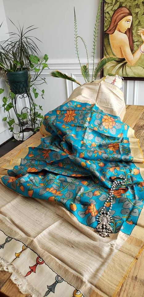 Kalamkari Printed Pure Tussar Silk Sarees