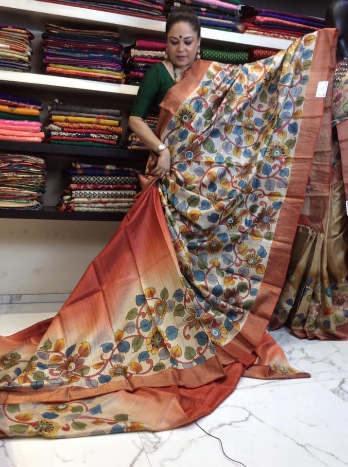 Kalamkari Printed Pure Tussar Silk Sarees