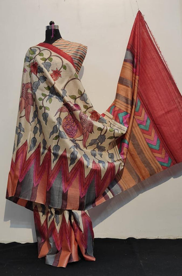 Kalamkari Printed Pure Tussar Silk Sarees