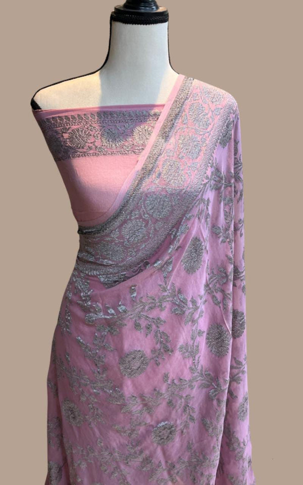 Pink Khaddi Georgette Silk Saree with Unquie Black Neem Zari Jangla Design