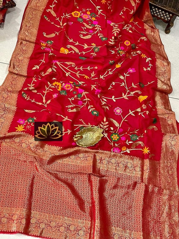 Red Moonga Crepe Silk Meenakari  Designer Saree