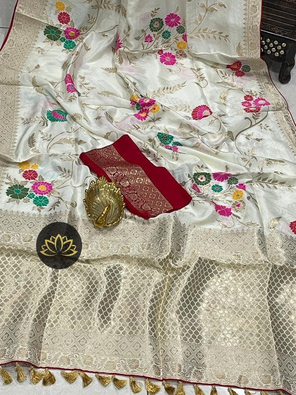 Half White Moonga Crepe Silk Meenakari  Designer Saree