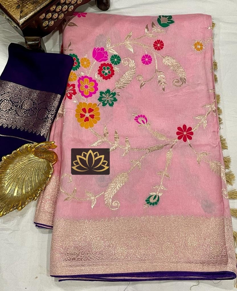 Pink Moonga Crepe Silk Meenakari  Designer Saree