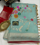 Pastel Blue Moonga Crepe Silk Meenakari  Designer Saree