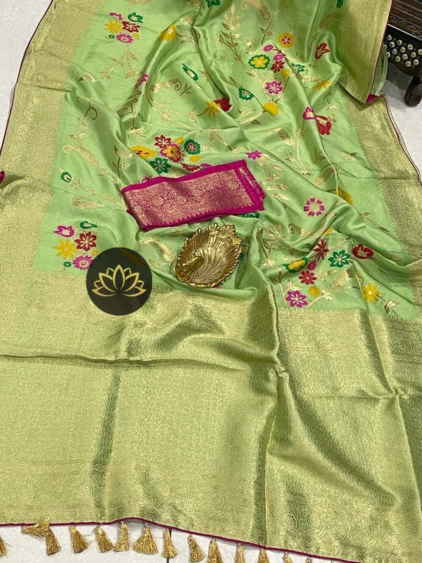 Pista Green Moonga Crepe Silk Meenakari  Designer Saree