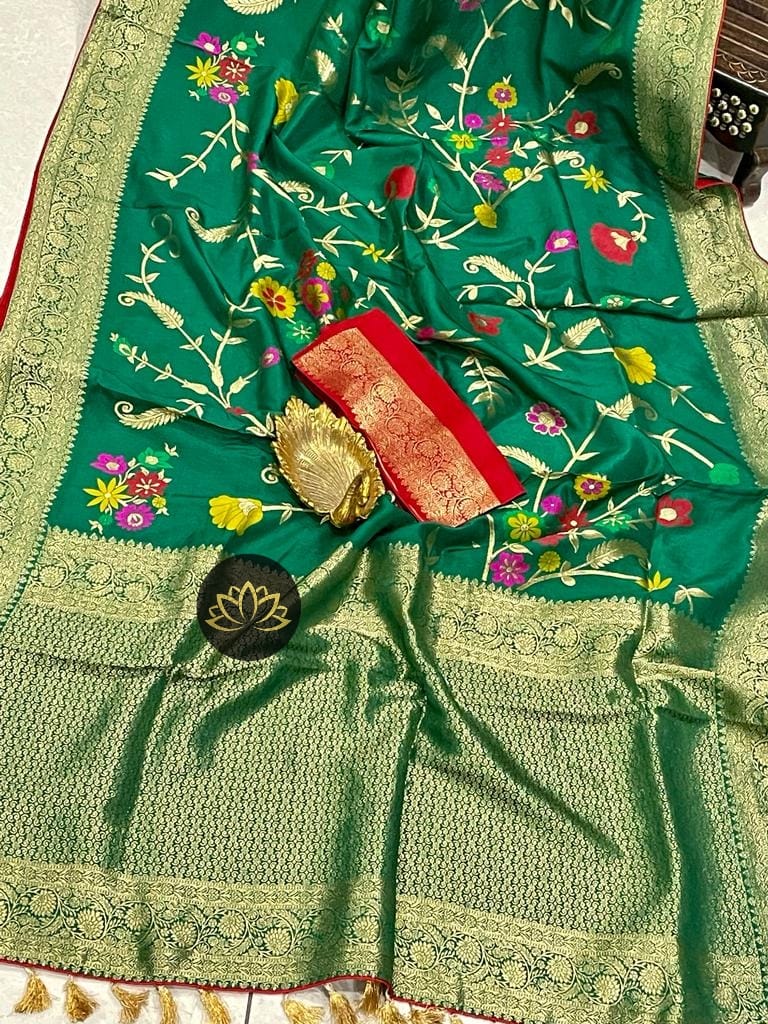 Green Moonga Crepe Silk Meenakari  Designer Saree