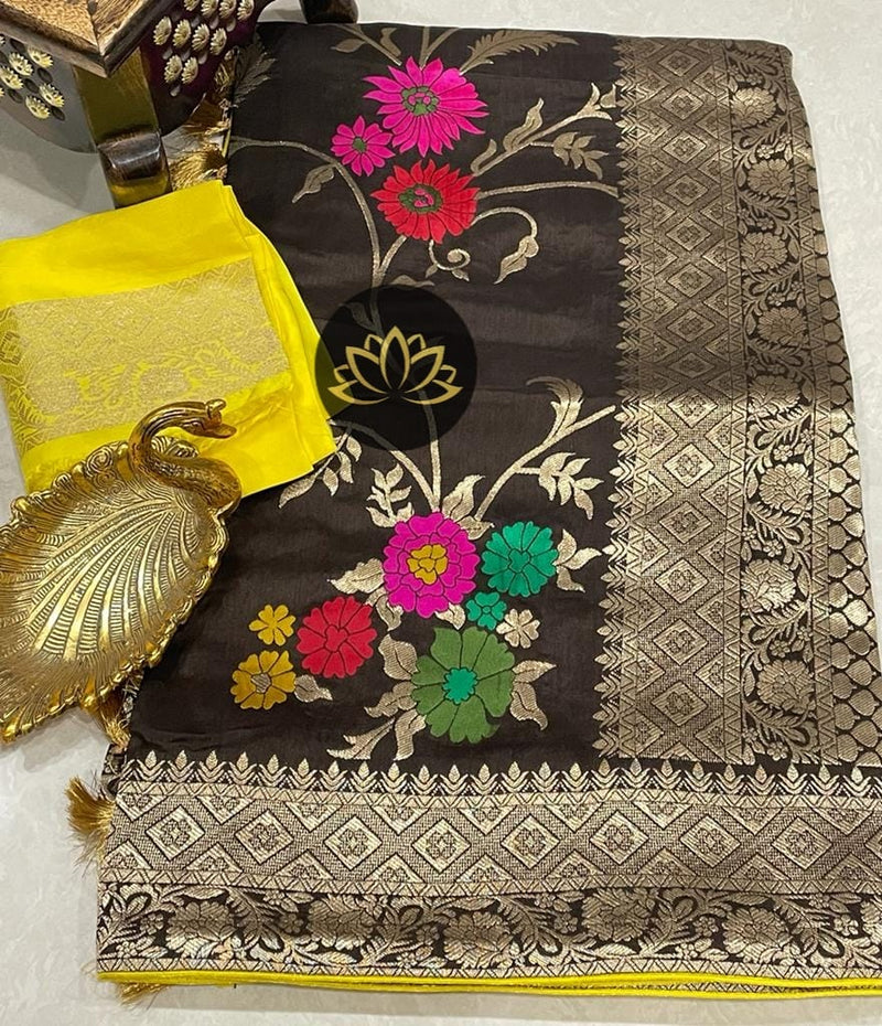 Brown Moonga Crepe Silk Meenakari  Designer Saree