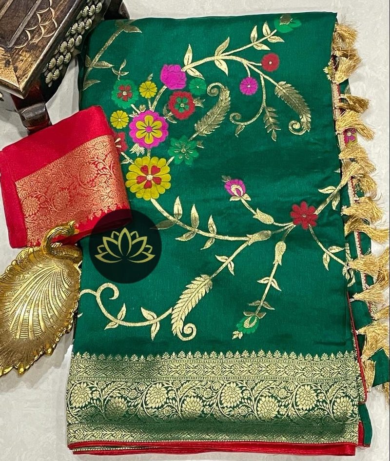 Green Moonga Crepe Silk Meenakari  Designer Saree