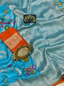 Blue Moonga Crepe Silk Meenakari  Designer Saree