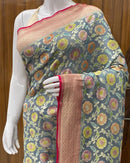 Grey Banarasi Khaddi Georgette Silk Saree with Hand Brush Paint