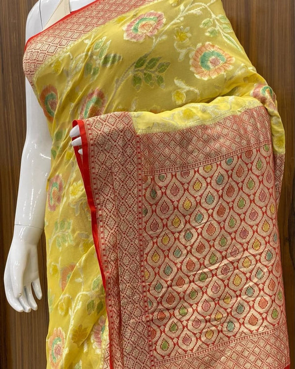 Yellow Khaddi georgette Banarasi saree with mini flower booti – Weaver  Street