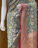 Grey Banarasi Khaddi Georgette Silk Saree with Hand Brush Paint