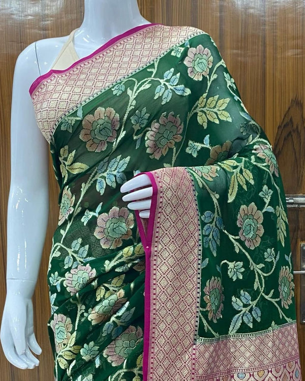 Green Banarasi Khaddi Georgette Silk Saree with Hand Brush Paint