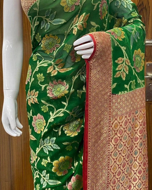 Green Banarasi Khaddi Georgette Silk Saree with Hand Brush Paint