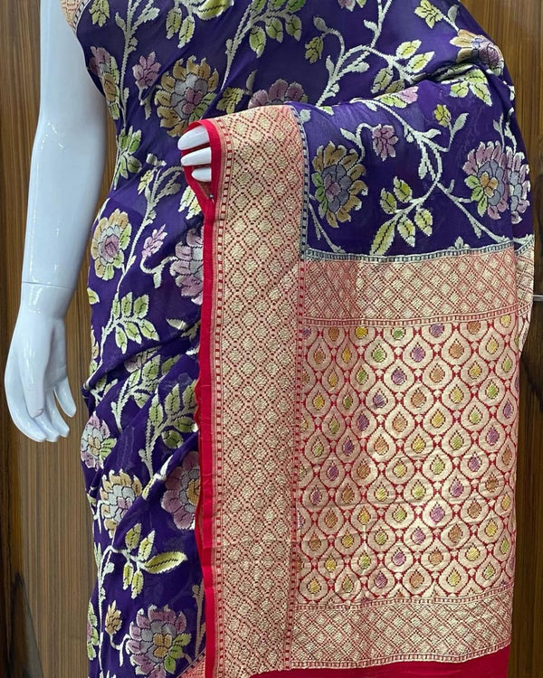 Purple Blue Banarasi Khaddi Georgette Silk Saree with Hand Brush Paint