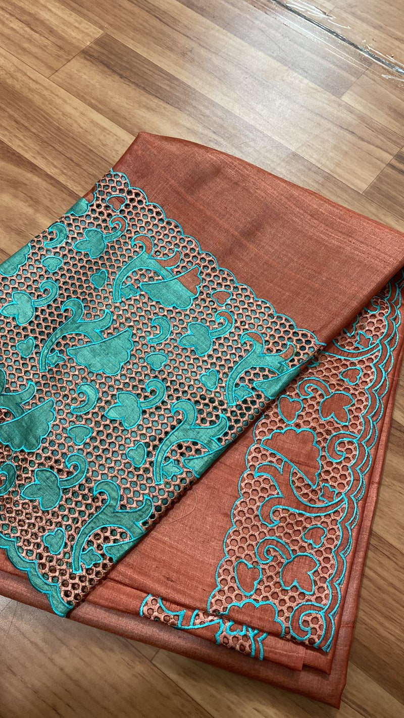 Rust Cutwork Tussar Silk Saree