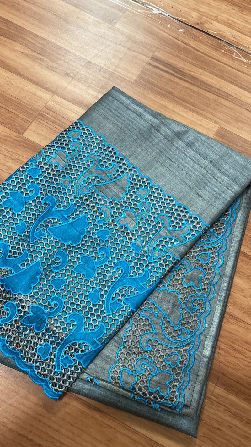 Grey Blue Cutwork Tussar Silk Saree