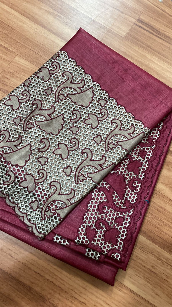 Maroon Cutwork Tussar Silk Saree