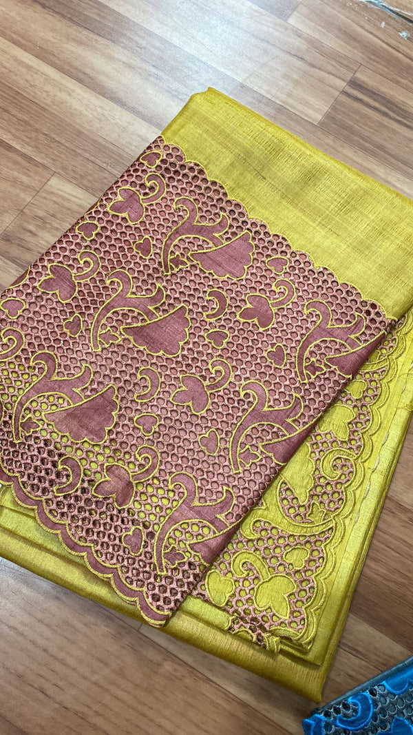 Yellow Cutwork Tussar Silk Saree