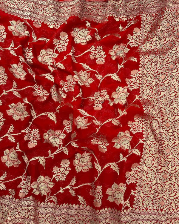 Red Banarasi Khaddi Georgette Silk Saree with Floral Water Zari Design