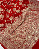 Red Banarasi Khaddi Georgette Silk Saree with Floral Water Zari Design