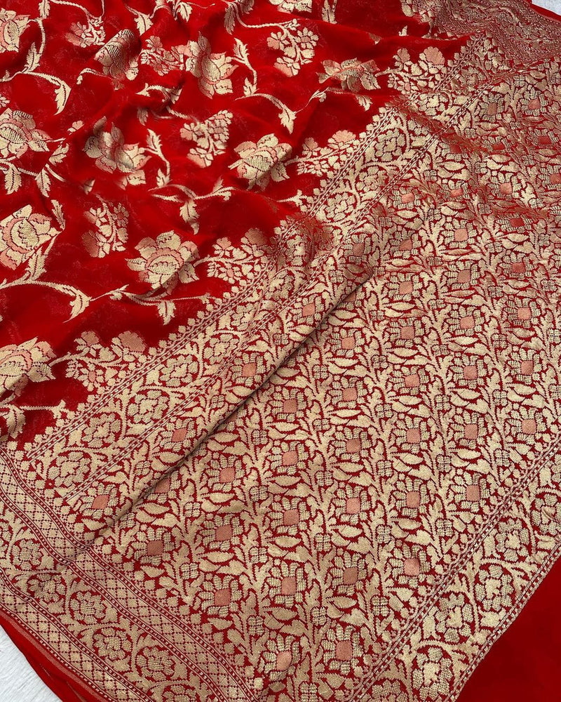 Red Banarasi Khaddi Georgette Silk Saree with Floral Water Zari Design