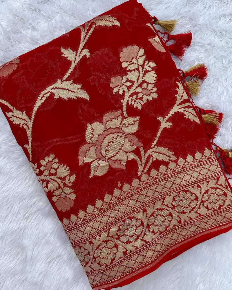 Red Banarasi Khaddi Georgette Silk Saree with Floral Water Zari Design