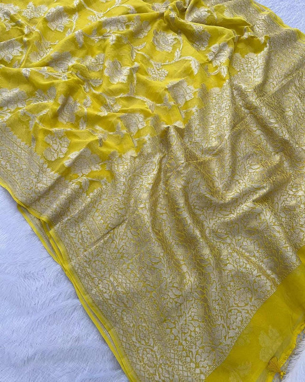 Yellow Banarasi Khaddi Georgette Silk Saree with Floral Water Zari Design