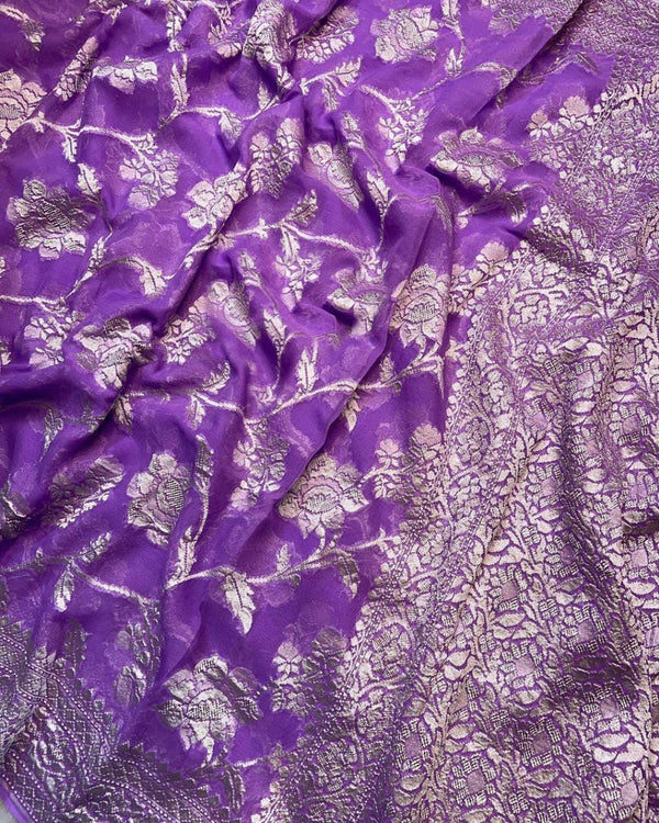 Lavender Banarasi Khaddi Georgette Silk Saree with Floral Water Zari Design