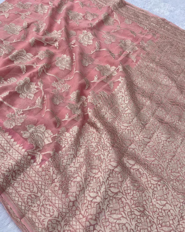 Pink Banarasi Khaddi Georgette Silk Saree with Floral Water Zari Design
