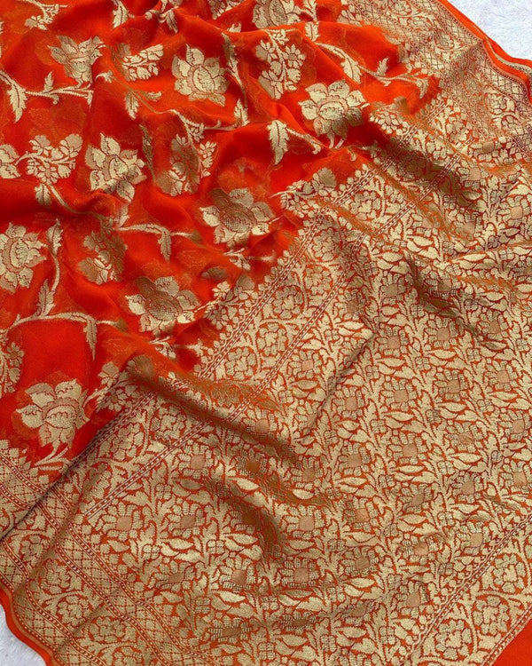 Orange Banarasi Khaddi Georgette Silk Saree with Floral Water Zari Design