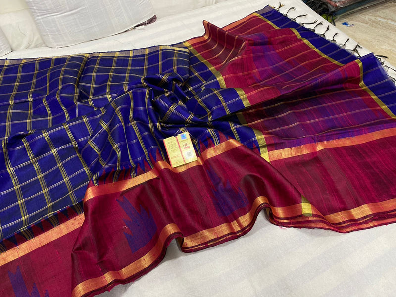 Pure Raw Silk Sarees with Single Side Contrast Temple Border