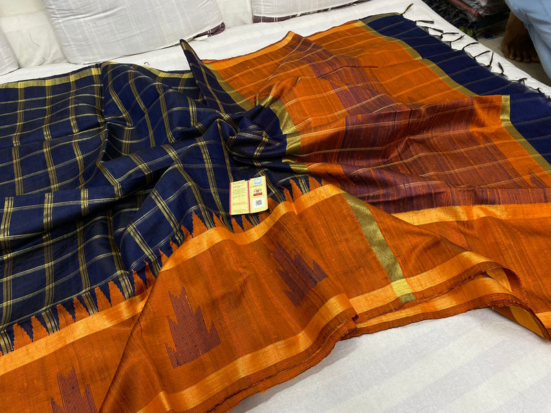 Pure Raw Silk Sarees with Single Side Contrast Temple Border