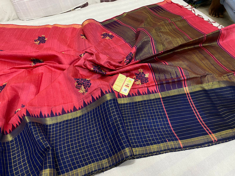 Pure Raw Silk Sarees with Single Side Contrast Temple Border