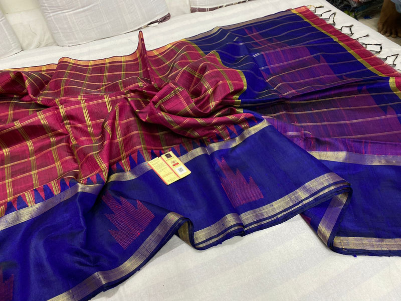 Pure Raw Silk Sarees with Single Side Contrast Temple Border