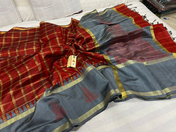 Pure Raw Silk Sarees with Single Side Contrast Temple Border
