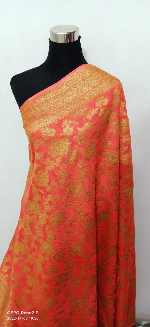 Peach Pink Khaddi Georgette Silk Saree with Antique Zari Weaving