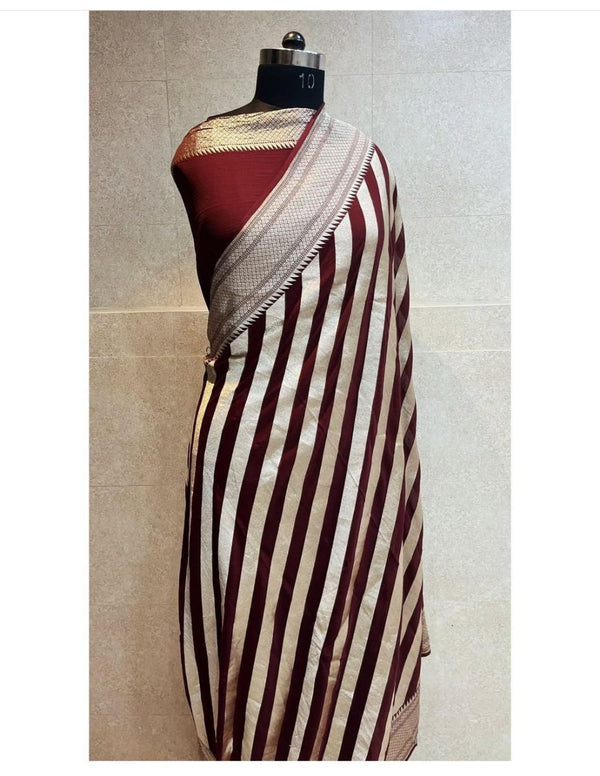Maroon Khaddi Georgette Silk Saree Laheriya Pattern Water Zari Weaving